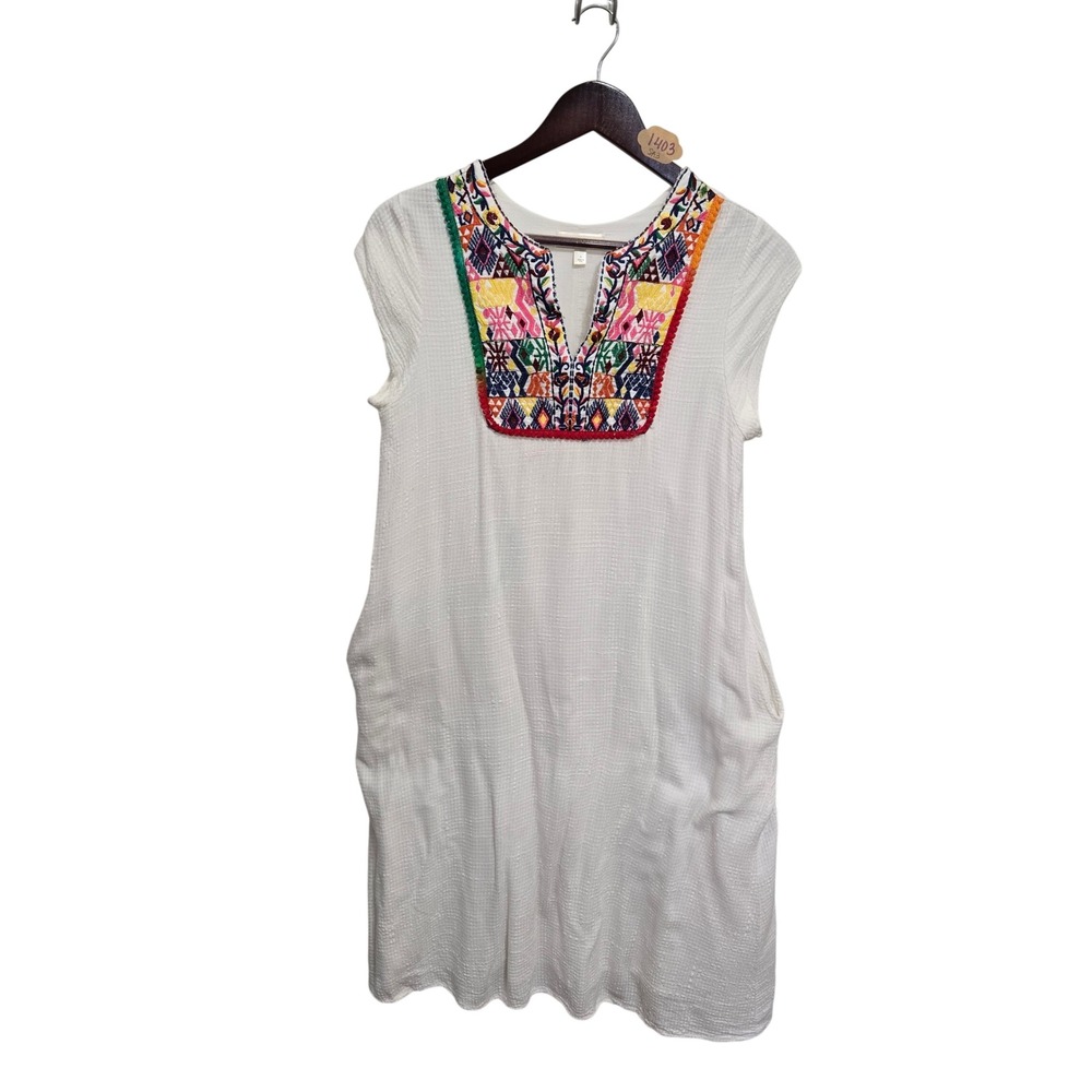 Hailey & Co Womens White Cotton Embroidered Boho Shift Dress Pockets Small D1729